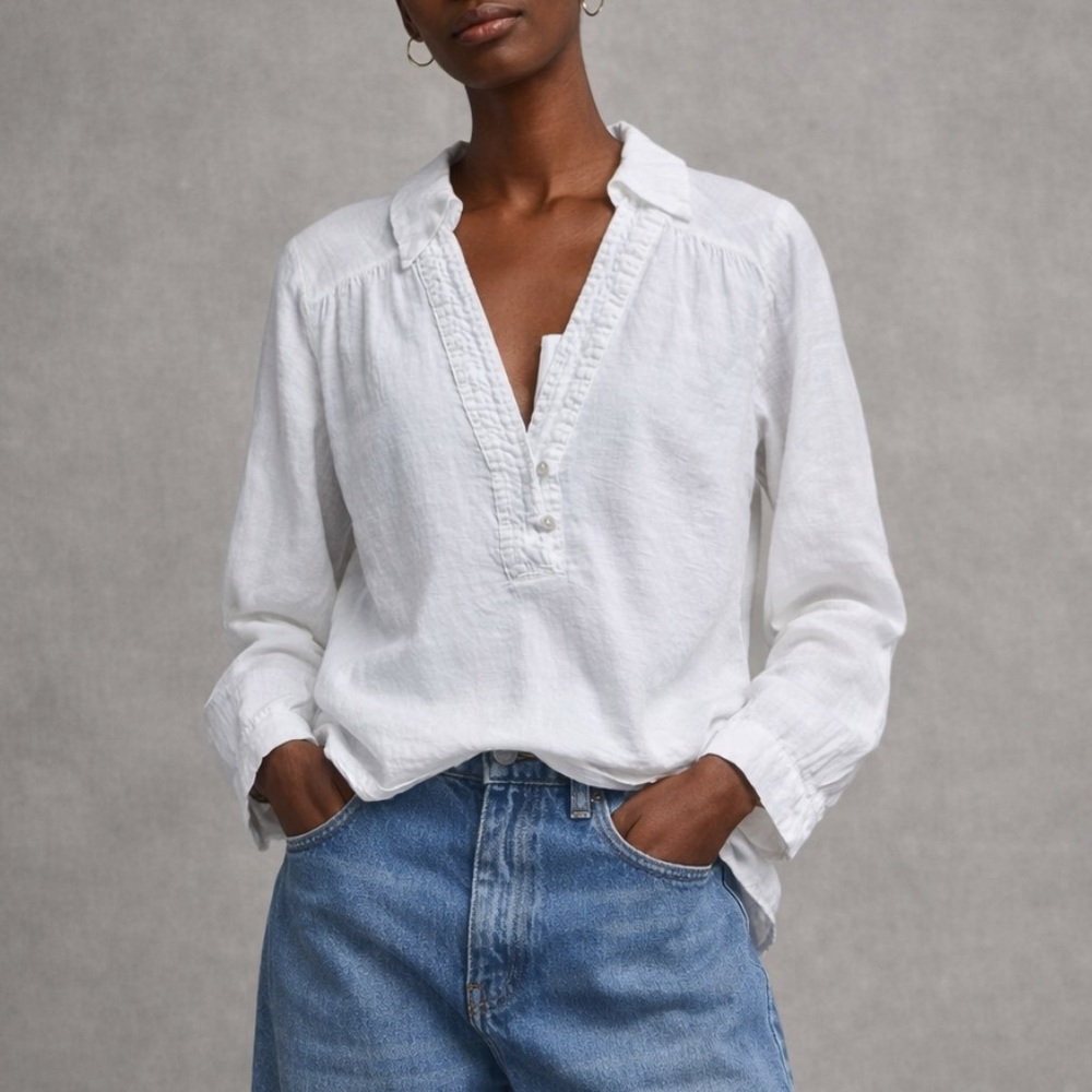 Zara Linen Shirt Sz XS Oversized White Popover Long Sleeve Top Relaxed Beach